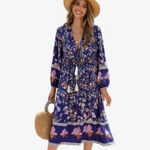 R. Vivimos Floral Blue Bohemian Large Midi Dress with Tassels & Balloon Sleeve.